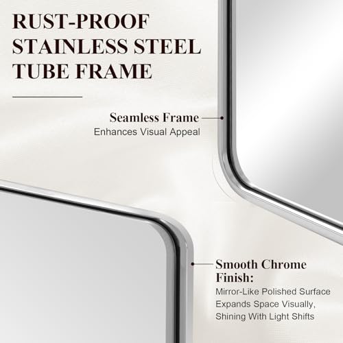 Image of ANDY STAR 24''x48'' Chrome Bathroom Mirrors, Rounded Rectangle Bathroom Wall Mirror in 1'' Rustproof Tube Metal Frame, Decorative Mirror Hang Horizontal /Vertical for Bathroom Remodel,HD Glass