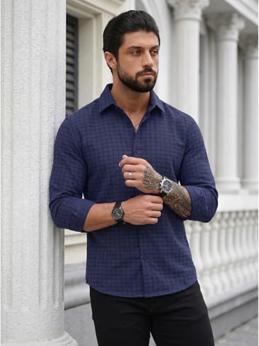 Image of DEELMO Men's Regular Fit Button Down Dress Shirts Textured Long Sleeve Casual Hawaiian Shirt