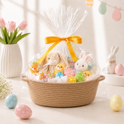 Image of Empty Gift Basket with Gift Bag & Ribbon, Woven Rope Basket, 12x8x5 inch