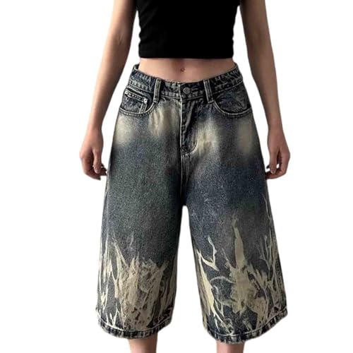 BXCNCKD Unisex Lightning Pattern Denim Retro Gradient Loose Wide Leg Pants Straight Quarter Pants