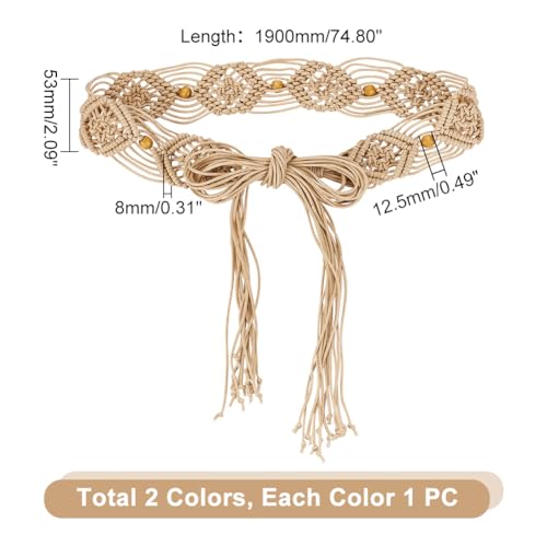 AHANDMAKER 2 Pcs Boho Braid Belts for Women Rope Braided Belts Fringe Belt Bohemian Woven Waist Belts for Dress, Khaki and Brown2