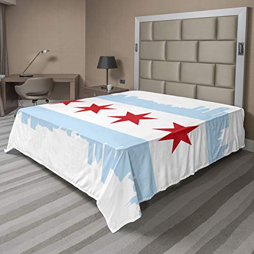 Ambesonne Chicago Skyline Flat Sheet, City Flag High Rise Buildings Scenery National, Soft Comfortable Top Sheet Decorative Bedding 1 Piece, King Size, Pale Blue White Red