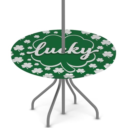 Pardick Round Outdoor Tablecloth with Umbrella Hole 36"-44" Zippered Elastic Tablecloth Lucky Clover Outdoor Round Fitted Tablecloth Waterproof Umbrella Zippered Tablecloth for Patio
