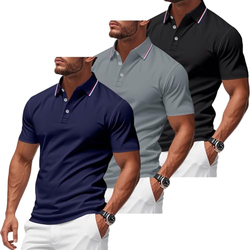 3 Pack Men's Polo Shirts Quick-Dry Short Sleeve Athletic Polo Shirts Moisture Wicking Business Casual Golf Shirts
