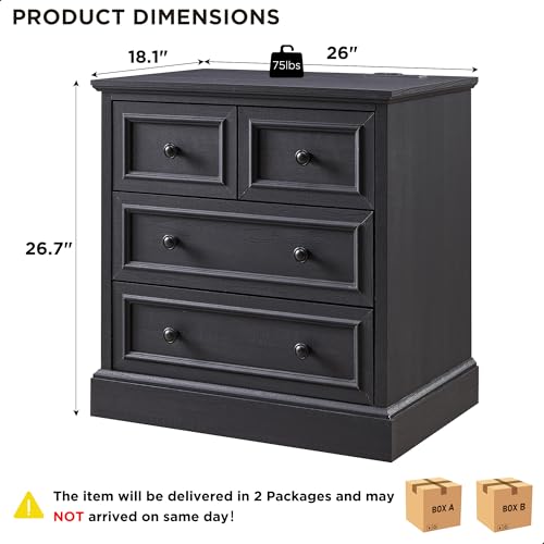 Image of ACCOHOHO 26 inch W Nightstands Set of 2, Farmhouse End Table with 4 Drawers for Storage, Nightstand with Charging Station for Bedroom, Black