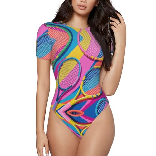 Women One Piece Swimsuits Monokini Short Sleeve Crewneck Swimming Suit Beachwear