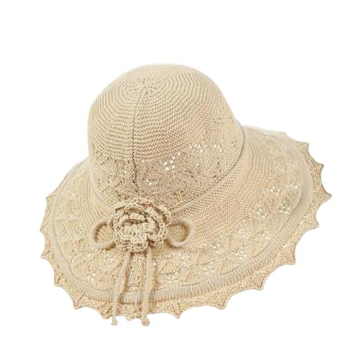 Womens Straw Sun Hats Wide Brim Foldable Beach Hats UV UPF 50+ Summer Sun Travel Hat for Women Beige