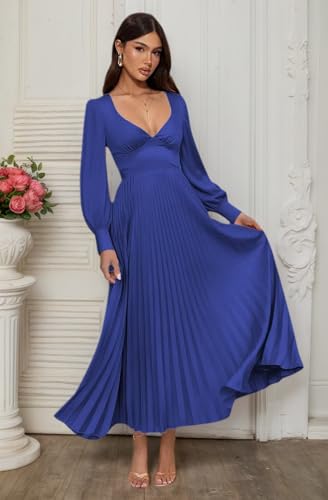 Long Sleeve Bridesmaid Dresses for Women Pleated Satin V-Neck Midi Prom Dress A-Line Maxi Formal Evening Party Gowns4