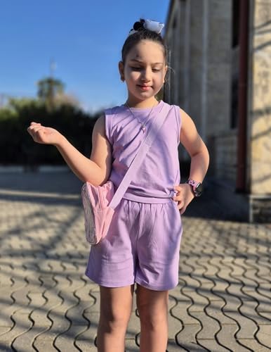 Image of Arshiner Girls 2 Piece Short Sets Sleeveless Tops and Shorts with Pockets | Round Neck Waist Elastic Sport Clothing Outfits Perfect for Spring Summer