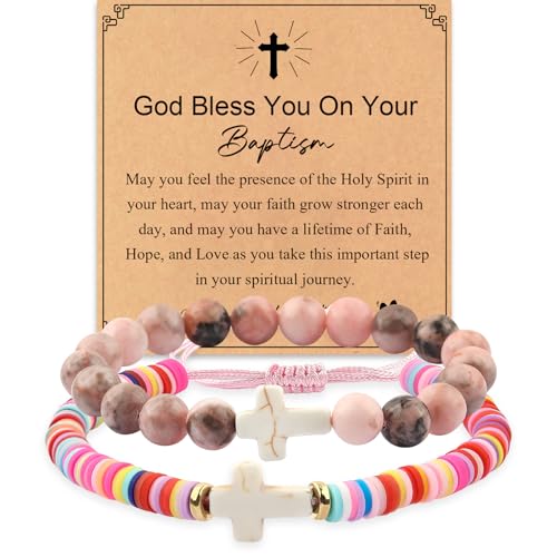 GVUSMIL Cross Bracelet Baptism Gifts Easter Basket Stuffers First Communion Adjustable Clay and Stone Christ Holy Water Bracelet Faith Jewelry for Daughter Granddaughter Niece - Main Image