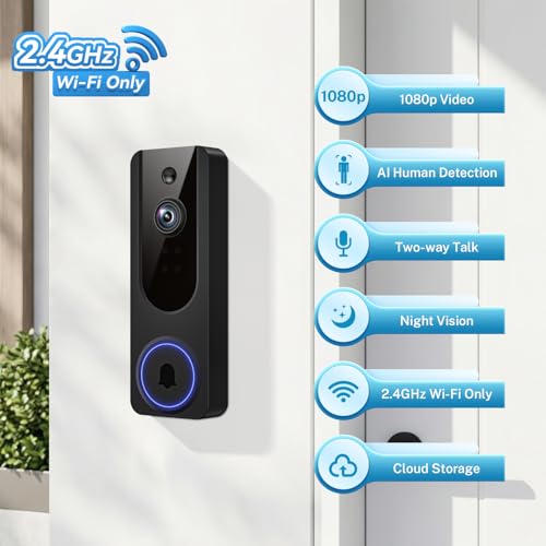 1080P Wireless Video Doorbell Camera, Battery Powered Door Chime, Night Vision, 2-Way Audio, Smart AI Human Detection, C - Additional View