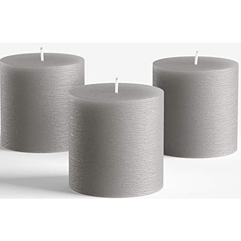 Set of 3 Grey Pillar Candles 7,5 x 7,5 cm Gray Unscented Rustic for Weddings Home Decoration Relaxation Spa Church Smokeless and Dripless Cover