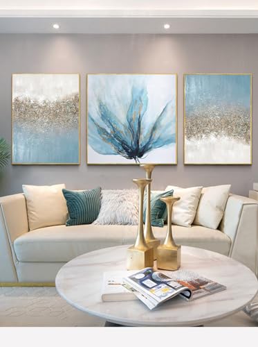 Large Flower Canvas Wall Art for Living Room Framed Blue Abstract Artwork with Gold Oil Painting for Bedroom 3 Pieces Wall Decoe for Kitchen Home Decoration 24x56 inches