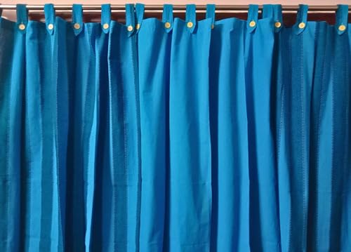 Image of 5 Feet Cotton Striped & Solid Light Filtering Button Type Tab Top Loop Window Semi Sheer Curtain, Blue Multi, Pack Of 3