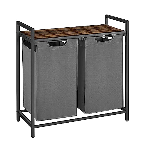 Image of VASAGLE Laundry Hamper, Laundry Basket, Laundry Sorter with 2 Pull-Out and Removable Bags, Shelf, Metal Frame, 2 x 12.1 Gallons (46 L), 28.8 x 13 x 28.4 Inches, Slate Gray and Rustic Brown UBLH201G01