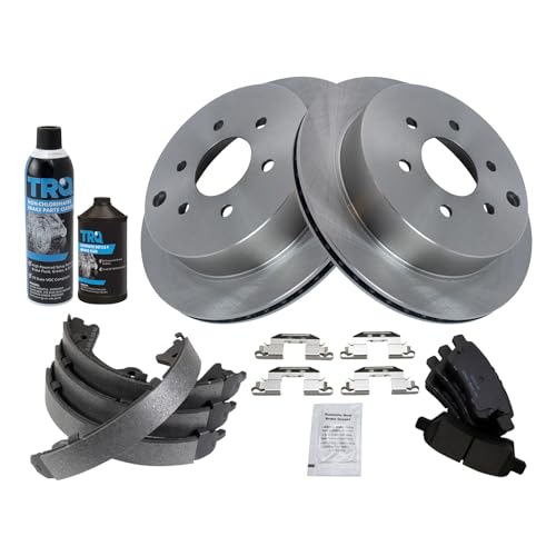 Image of TRQ Rear Brake Pad & Rotor Kit, with Chemical Kit Parking Brake Shoe Set Ceramic Compatible with 2006-2007 Nissan Xterra