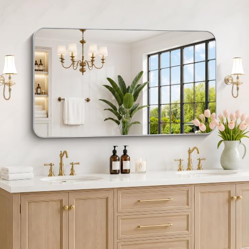 Image of DESBING 50 inchx30 inch Bathroom Mirror for Over Sink, Silver Framed Wall Mirror | High-Definition Shatterproof Vanity Mirror with Rounded Corner for Bedroom Living Room Entryway Horizontally or Vertically
