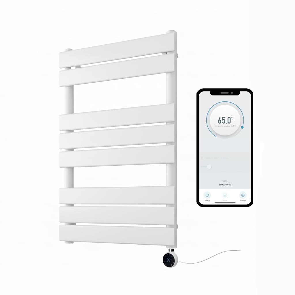 Greened House Richmond Electric Smart WiFi Controlled Heated Towel Rail Flat 7 Day Programmable Timer App Compatibility (White, 400mm W x 800mm H)