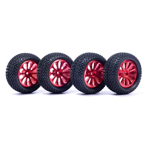 Oisunt 12mm Hex RC Metal Aluminium Wheels&Tires, 3 inch Overall Diameter, 1/10 1/14 1/16th RC Tire Set for Hyper Go/Wltoys/HAIBOXING/BEZGAR/Jetwood(Red)