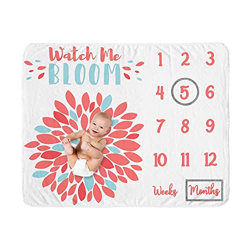 Image of Sweet Jojo Designs Floral Girl Milestone Blanket Monthly Newborn First Year Growth Mat Baby Shower Memory Keepsake Gift Picture - Turquoise Blue and Coral Pink Flower Emma Watch Me Bloom