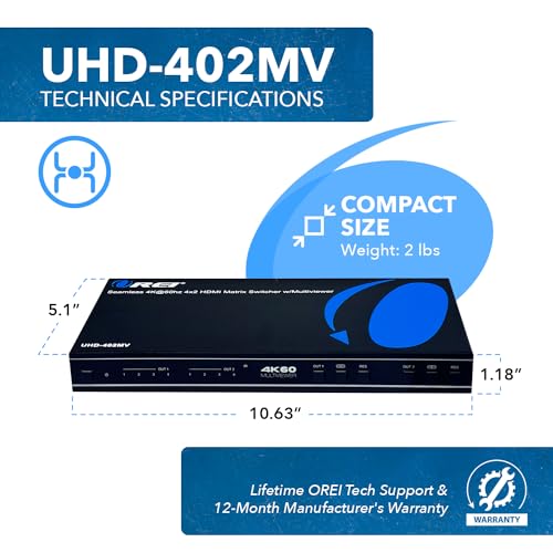 Image of OREI 4K Multi HDMI Viewer Quad 4 in 2 Out, Matrix Switcher 4 Ports Seamless IR Remote Support 4K @ 60Hz 1080P for PS4 /PC /DVD /Security Camera, HDMI Switch Optical Audio L /R Output - UHD-402MV | Multiviewer HDMI 4K, HDMI 4x2 Quad Multiviewer - 18Gbps, HDCP 2.2, Dual HDMI Out, 8 Display Modes, Audio Extraction