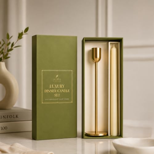 AuraDecor Luxury Dinner Candle Set | Ivory Taper Candle with Golden Metal Candle Holder | Premium Gift Box | Elegant Table Decor for Dining, Wedding, 