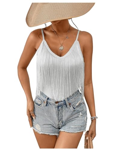 RoseSeek Women's Sleeveless Fringe Camisole Tops V Neck Spaghetti