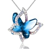 GEMMANCE Butterfly Crystal Gift Necklace with Bermuda Sapphire Blue Birthstone for September, Silver, Tone, 18”+2” Chain