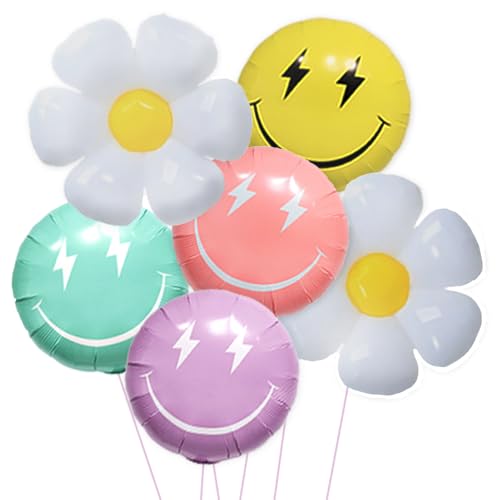 2-Pack Daisy Balloons + 4-Piece 23in Assorted Color (Yellow/Pink/Green/Purple) Smiley Face Balloon Set, Party Decorations & Celebrations Supplies