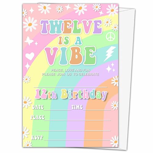 Invitación de cumpleaños 12 infantil Daisy Groovy con sobre arcoíris