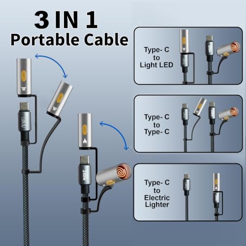Image of MX 240W USB-C Cable 3-in-1 Multi-Function Charging Cable 1.2M with LED Flashlight & Electric Plasma Lighter, PD Fast Charging Cable with E-Marker Chip, Nylon Braided Type-C Cable for USB-C Devices