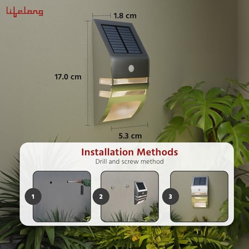 Image of Lifelong Outdoor Solar Wall Lamp with Motion Sensor | 2 LED Lights | 500mAh Battery | Waterproof- IP 44 | Up to 10 Hrs Use | Ideal for Balcony, Wall, Terrace, Outdoor, Patio, Deck Light