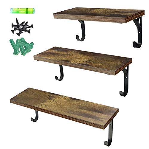 UMI. by Amazon Estantes flotantes de Madera rústica con Ganchos para Salas de Estar, dormitorios, cocinas, Set de 3