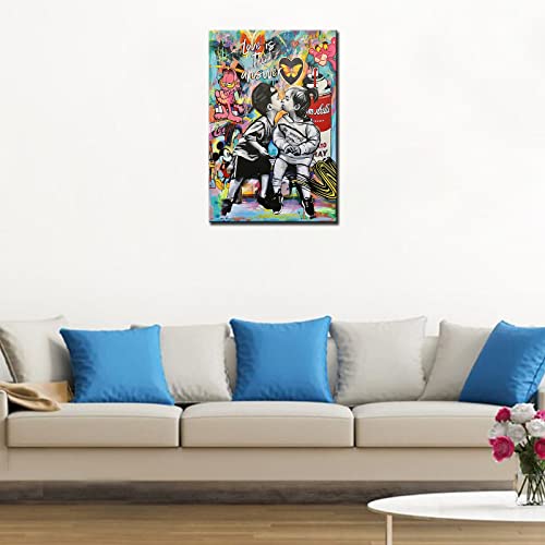 Tucocoo Banksy Street Art Canvas Wall Decor Love Is The Answer Graffiti Paintings Little Boy And Girl Kiss Pictures Modern Artwork Home Decor For Living Room Framed Ready To Hang 24X36Inch X1Piece #TOP2