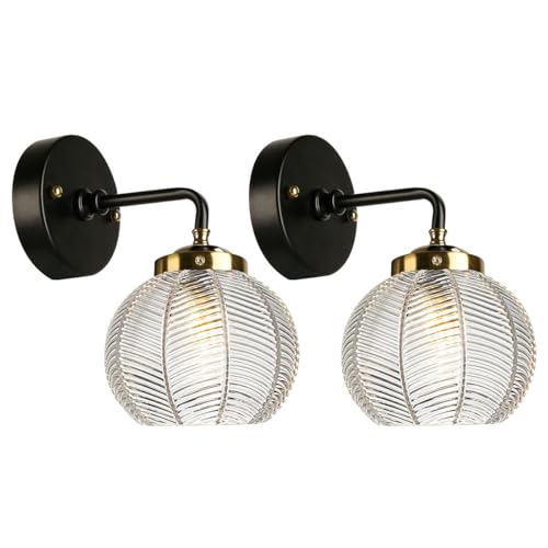 Image of Vintage Glass Vanity Light Clear Bathroom Light Fixture ArtDeco Lamp | 2 Pack 15cm /5.9″ Clear Ribbed Glass Globe Shade,E26 Base, Unique Thick Texture Lights Fixture ,Over Mirror Bedroom Hallway