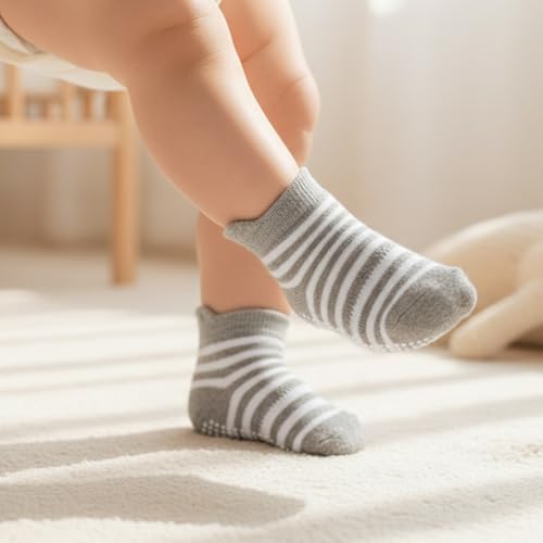 Image of MOMISY Baby Girl Boys Non Slip Regular Socks Kids Toddlers Infant Cotton Stretch Anti-Slip-6 Pairs (Dotted-Striped, 1 to 3 years), Multicolor