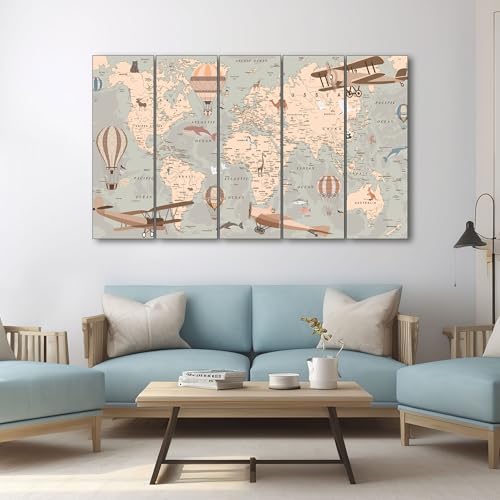 The Castle Decor wooden World Map wall decor painting 5 Big Size Multiple Frames Wall Art for Living Room,bedroom,drawing Room,hotels-Framed-Poster Painting(36x60 inch)