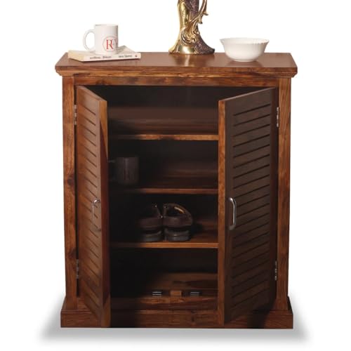 Image of Solid Sheesham Wood Shoe Rack Wooden with 2 Doors | Multipurpose Shoe Rack Storage Cabinet Organizer Shoe Stand for Home, Office, Entryway, Hallway & Living Room, Bedroom | Natural Finish