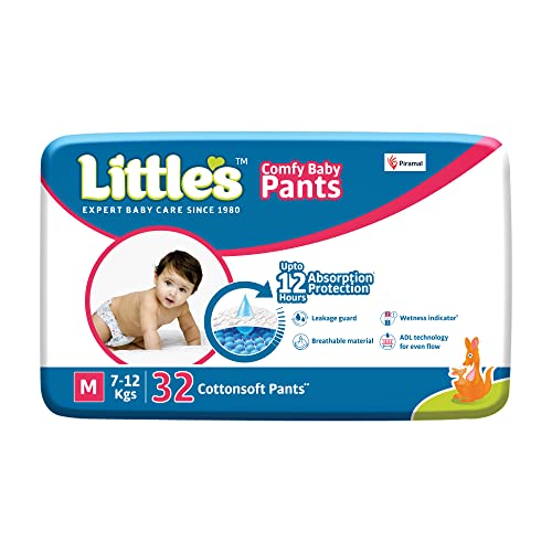 Little’s Baby Pants Diapers,Medium (M),7-12 kg,32 Count, with Wetness Indicator & 12 Hours Absorption