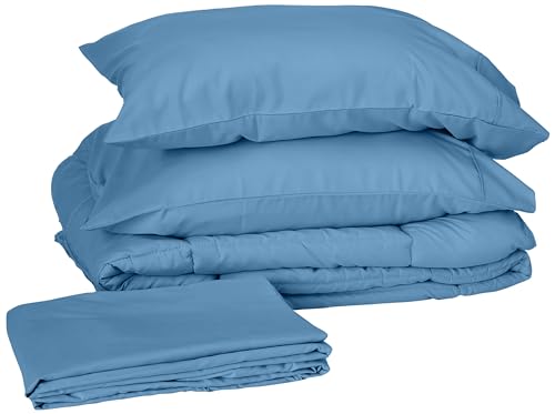 Sweet Home Collection 7 Piece Comforter Set Bag Solid Color All Season Soft Down Alternative Blanket & Luxurious Microfiber Bed Sheets, Denim, Twin XL