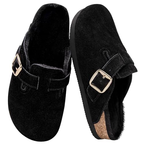 Fuzzy Suede Clogs for Women Fur Lined Leather Mules Soft Non Slip Potato Shoes with Arch Support