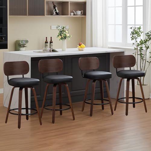 Image of Shenyon Counter Stools Set of 4, 26 inch Swivel Counter Height Bar Stools with Walnut Back,Upholstered PU Leather, Bentwood Legs, Mid Century Modern Bar Chairs for Kitchen Island, Black