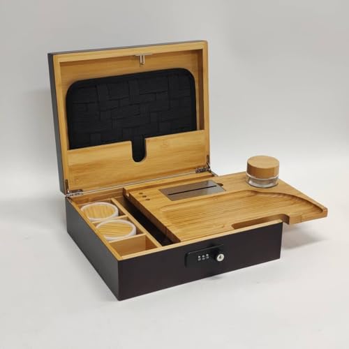 Herb Guard Premium Bamboo Lock Box Secure Storage with Built-In Lock Glass Jars & Accessories