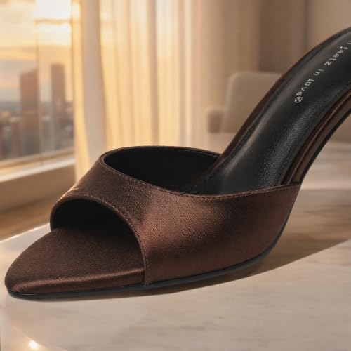 Image of On feet& in love Women's Slip-On Stiletto Heel Mule Sandals, Peep Toe, apricot, 2.95 Inch Heel, Casual Party Wedding Slides