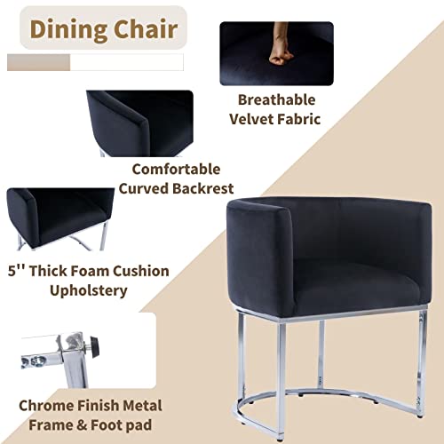 Image of HNY Mid Century Modern Upholstered Barrel Dining Chairs with Arms Set of 3, Velvet Kitchen & Dining Room Chairs, 18.5 inch Wide Accent Chairs for Dining Room Living Room with Chrome Metal Frame, Black