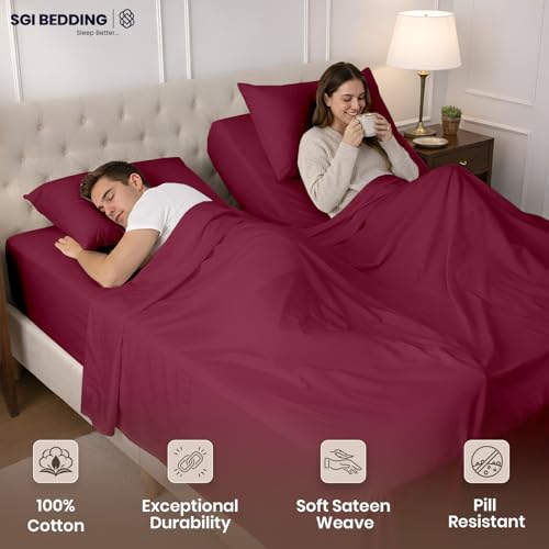 Image of SGI Split King Sheet Set for Adjustable Bed Egyptian Premium Cotton 600 Thread Count Sheets for Sleep Number Bed 15 inch Deep Pocket 5 Pc Set with 2 Twin XL Fitted Sheets Soft Breathable -Burgundy