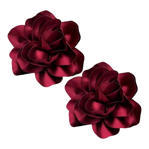 Image of 2Pcs 5in Dainty Satin Fabric Flower Brooch Extra Large Rose Camellia Flower Brooches Lapel Pins for Women Wedding Party Dance Banquet Clothes Jewelry Accessories