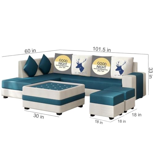 Image of FURNY Stylerry 8 Seater Fabric LHS Sectional L Shape Sofa Set with 1 Centre Table & 2 Puffy (Teal-Cream)
