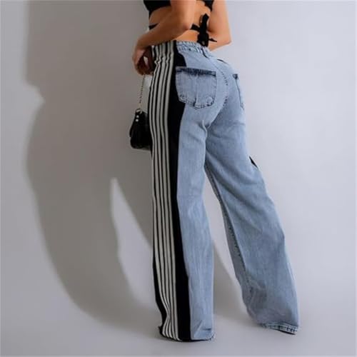 Women Trendy Jeans Stripes Patchwork High Waist Color Block Loose Straight Wide Leg Baggy Denim Pants with Pocket2