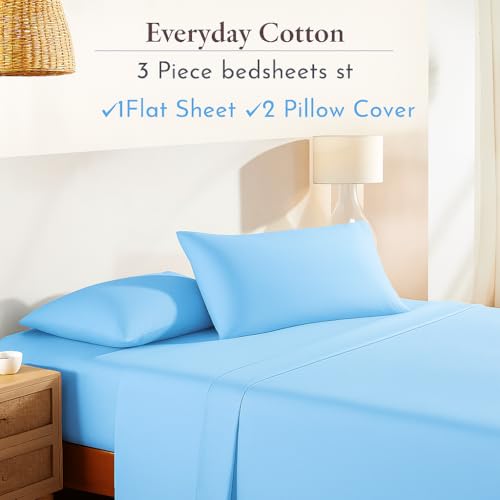 Image of Luxury Cotton Bedsheets - Double Size 90 x 100 Inches - Soft, Lightweight & Wrinkle-Free - Includes 2 Pillow Covers - Light Blue